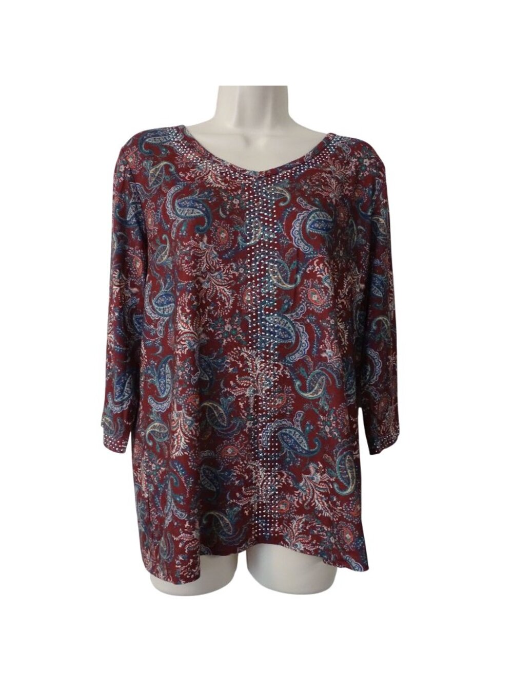 Gloria Vanderbilt 3/4 Sleeve Knit Top Red Paisley Women Petite Size PL Studded